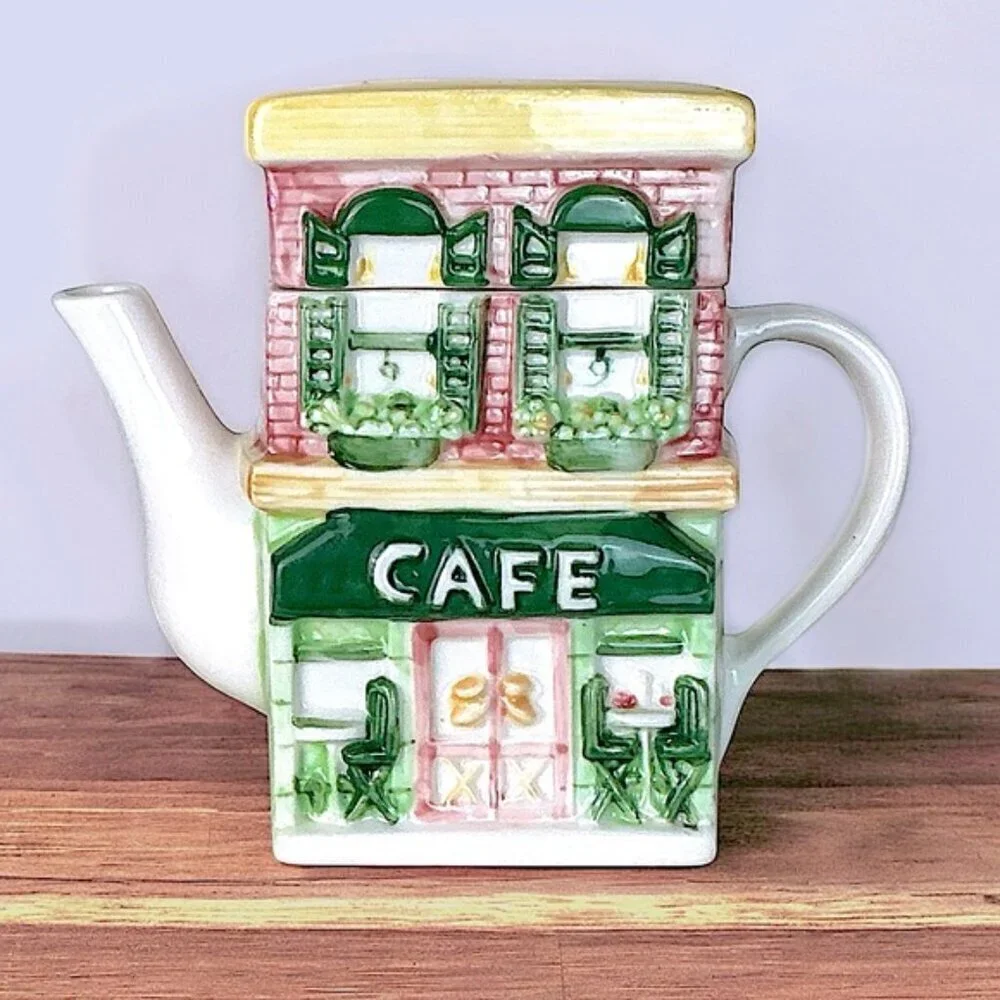 Vintage Main Street Cafe Store Front Ceramic Teapot Functional Art Collectible